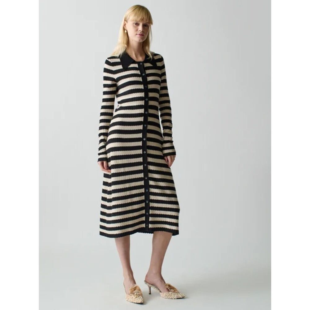 Lingia Franca Morrissey Textured Stripe Button Up Knit Midi Dress Black & Cream